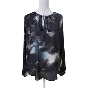 Simply Vera Wang Size L Black Abstract Print Semi Sheer Tasseled Top NEW w/Tag